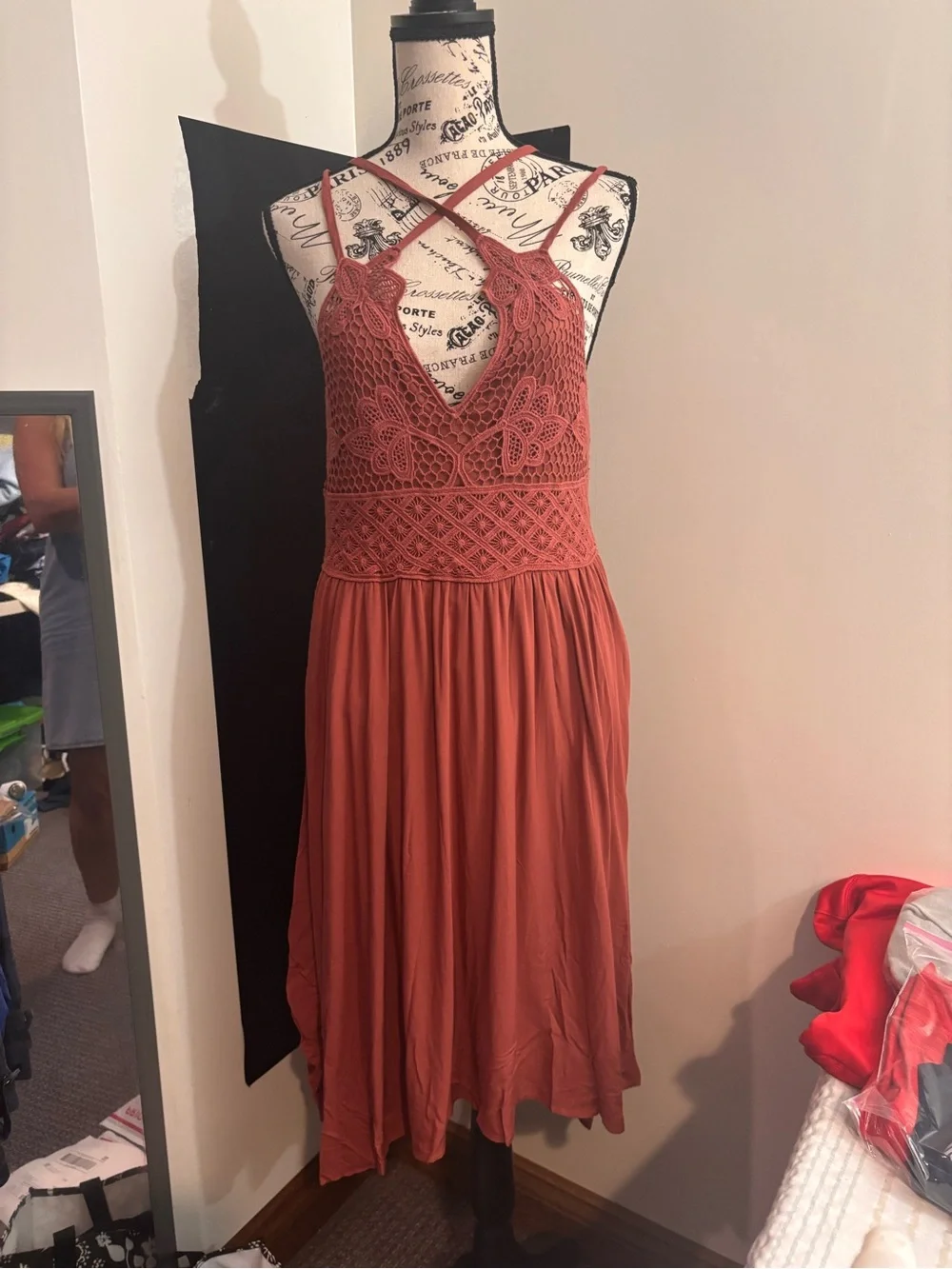 Maurices Rust Orange Crochet Lace Asymmetrical Maxi Dress